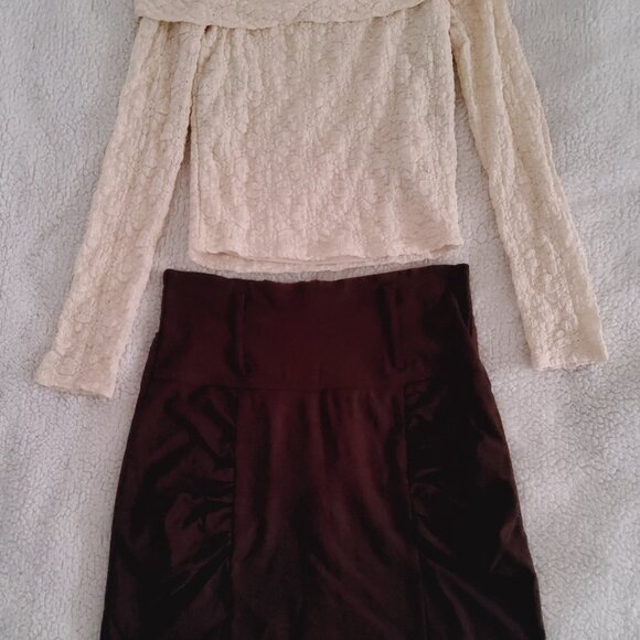 Brown Stretch Ruched Modern Career Rayon Pencil Skirt Medium - Picture 6 of 15